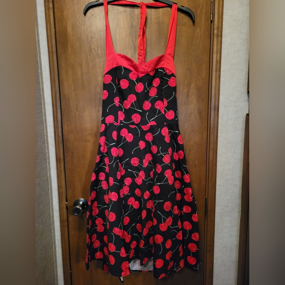 Black w/ Cherries Halter Dress,  Red Piping, Side Zip,  Lined Chest, Size Med